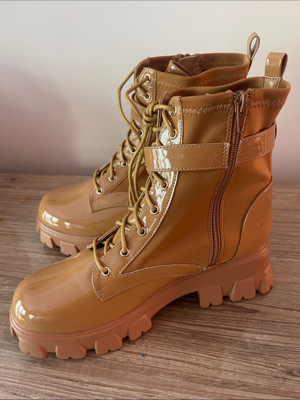 Liliana Patent Camel Lace-Up Platform Combat Boots